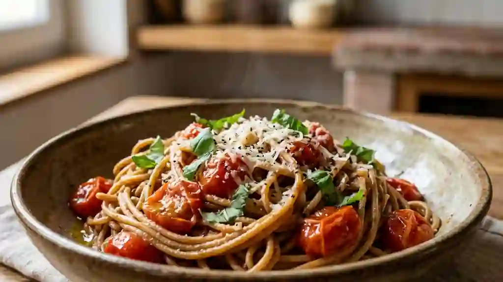 Spaghettis complets à l'ail et tomates cerises - Photo de présentation