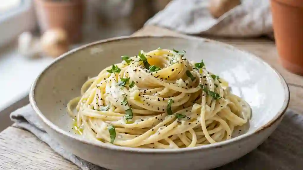 Spaghettis fondants au fromage frais et basilic - Photo de présentation