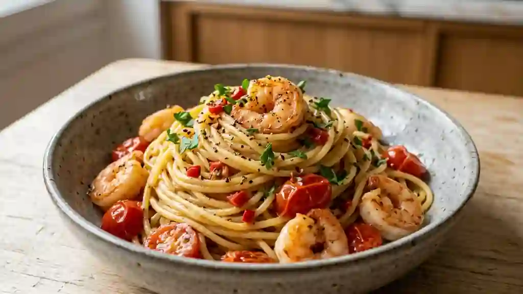 Spaghettis pimentés aux crevettes sautées - Photo de présentation