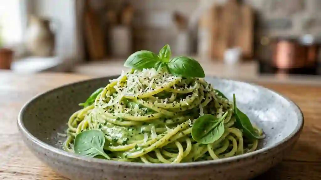 Spaghettis crémeux au basilic et épinards - Photo de présentation