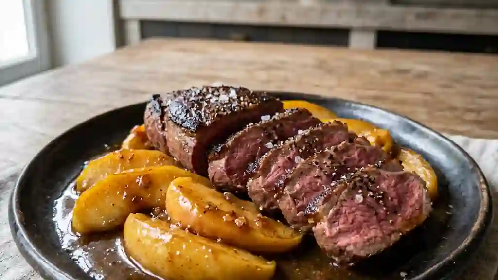 Steaks d'autruche et pommes caramélisées - Photo de présentation