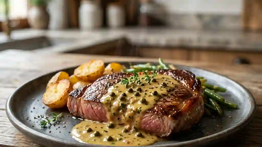 Steak d'autruche fondant au poivre vert - Photo de présentation