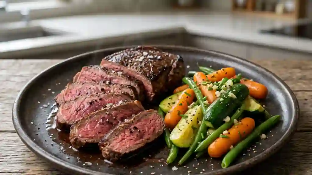 Steak de kangourou poêlé aux mini-légumes - Photo de présentation