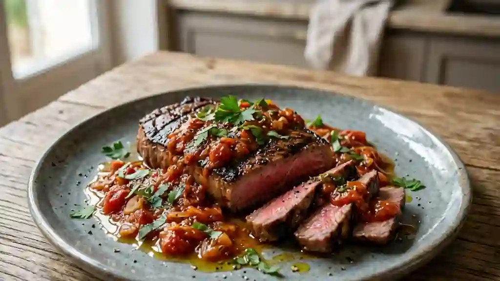 Steak grillé et sa sauce tomate provençale - Photo de présentation