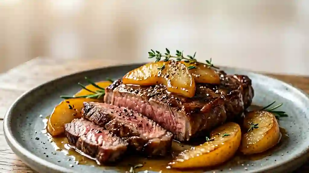 Steak de bœuf aux poires caramélisées - Photo de présentation