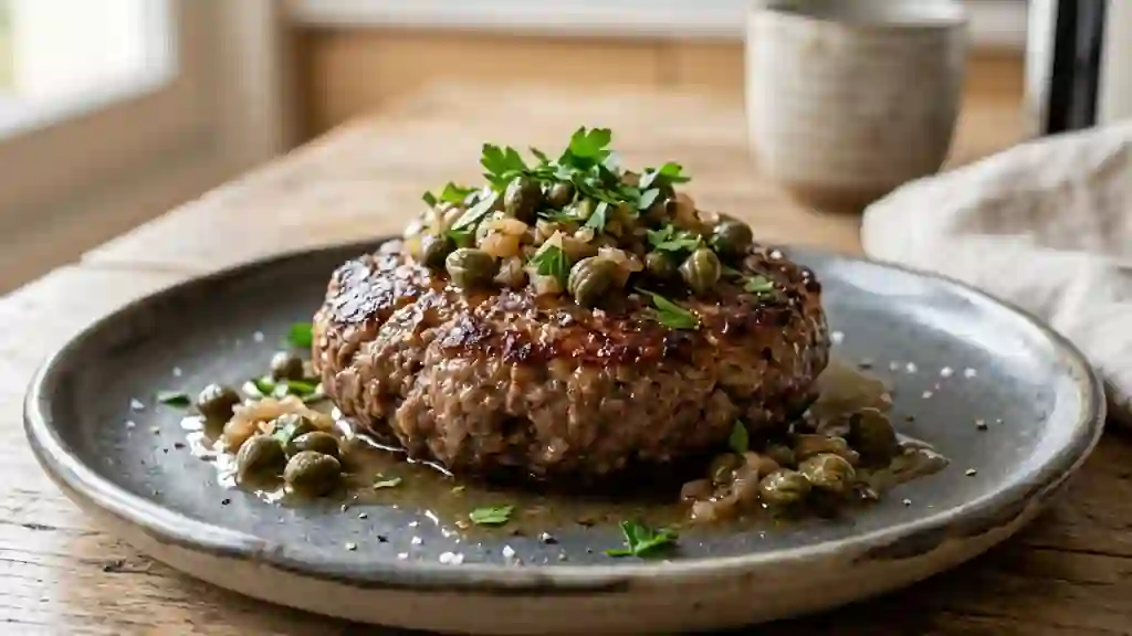 Steak haché poêlé aux câpres et échalotes - Photo de présentation