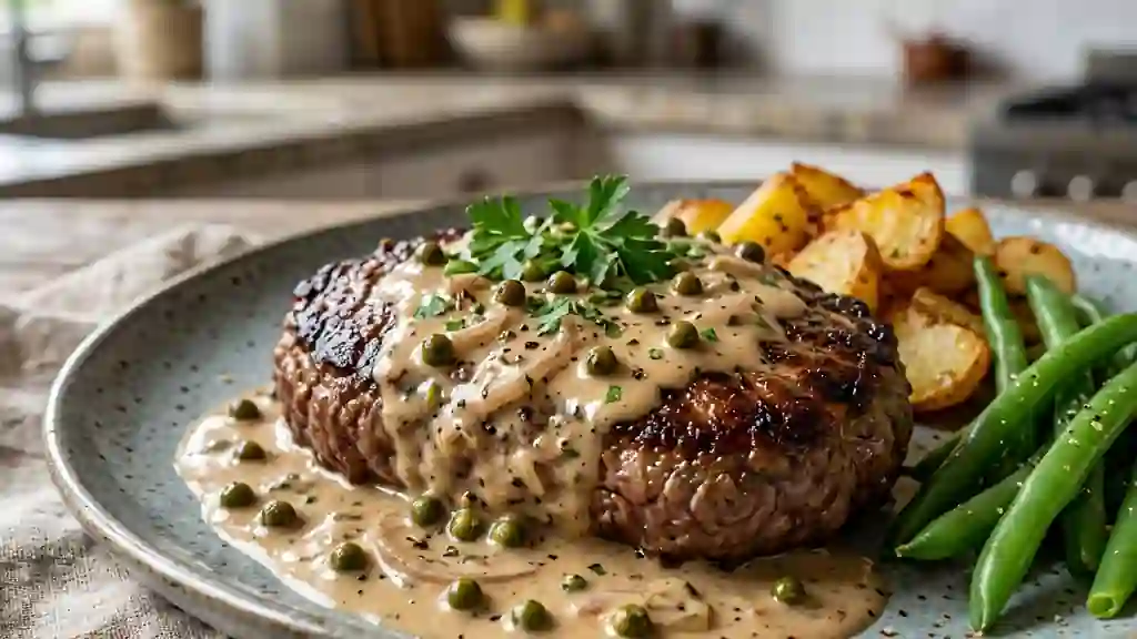 Steaks hachés fondants sauce poivre vert - Photo de présentation