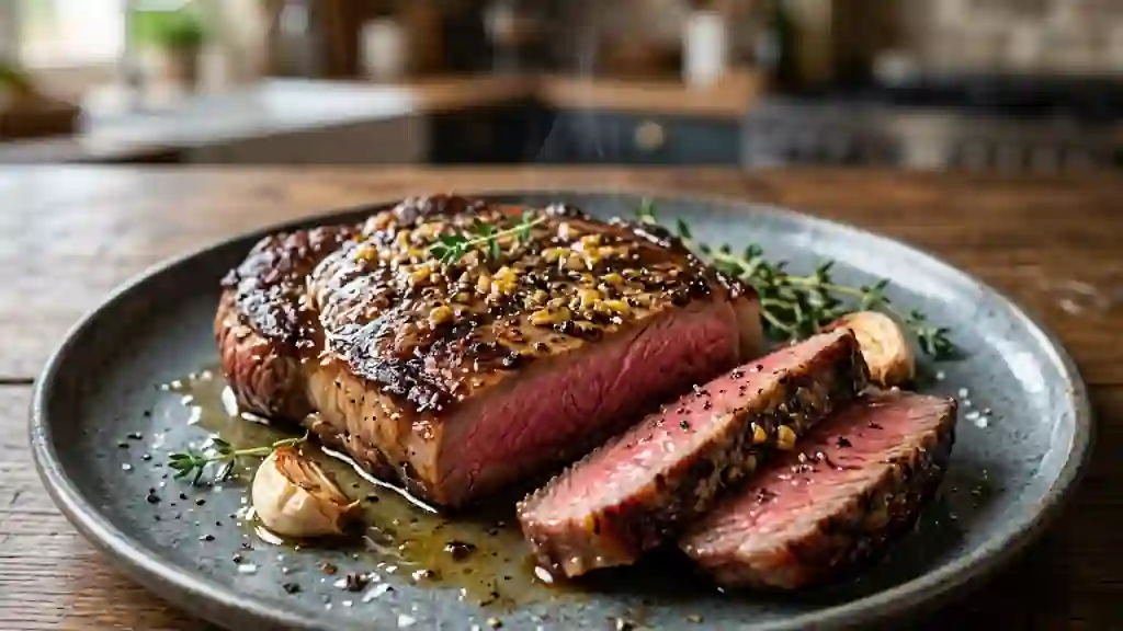 Steaks de bœuf saignants à la pâte d'ail - Photo de présentation