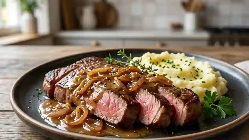 Steak juteux, sauce moutarde et échalotes - Photo de présentation