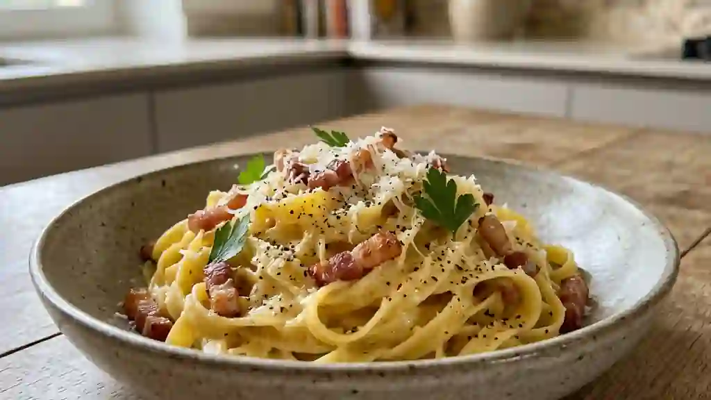Tagliatelles Carbonara Crémeuses au Parmesan - Photo de présentation
