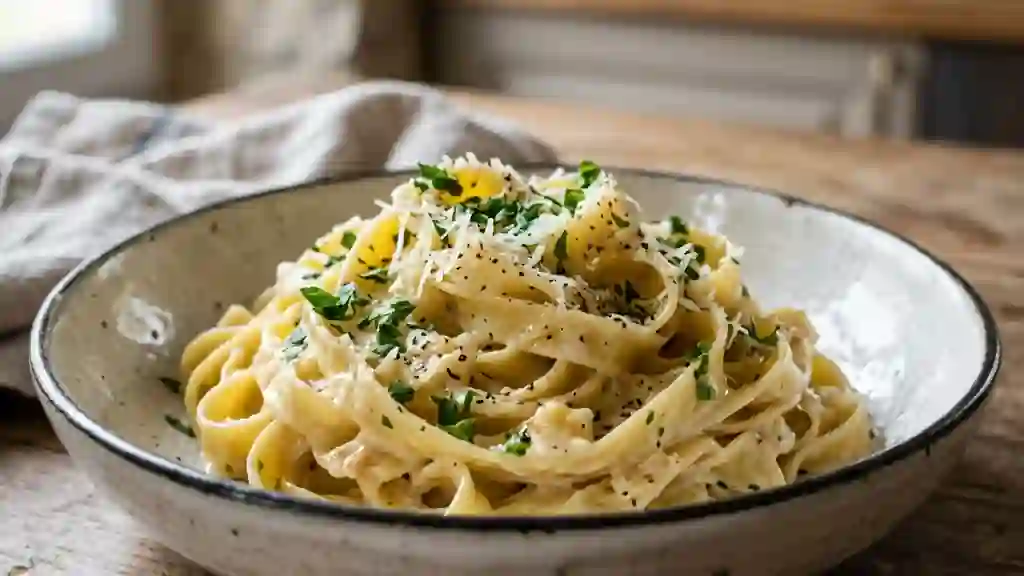 Tagliatelles crémeuses à l'ail et parmesan - Photo de présentation