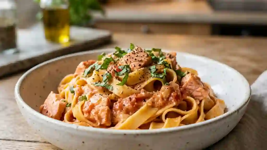 Tagliatelles au saumon et crème de tomate - Photo de présentation