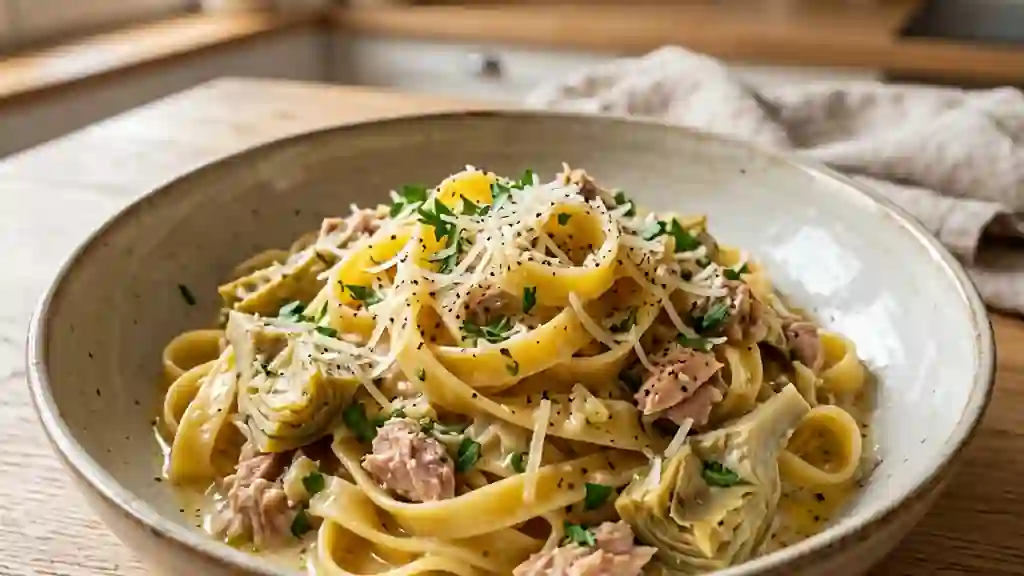 Tagliatelles crémeuses thon et artichauts - Photo de présentation