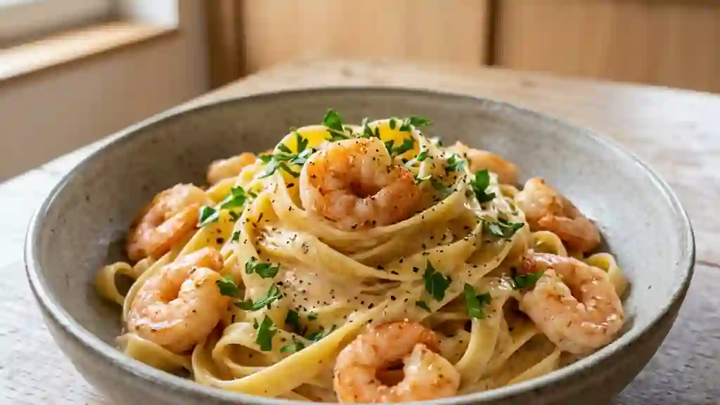 Tagliatelles crémeuses aux crevettes et ail - Photo de présentation