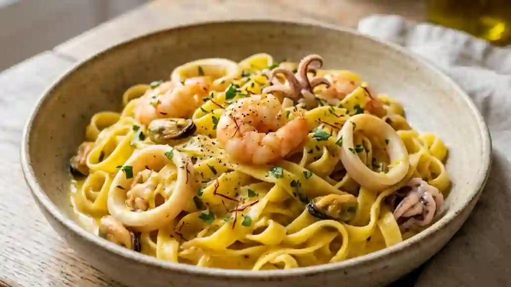 Tagliatelles crémeuses au safran et fruits de mer - Photo de présentation