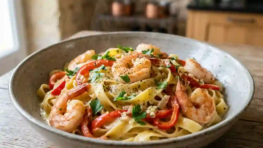 Tagliatelles aux gambas et poivrons fondants - Photo de présentation