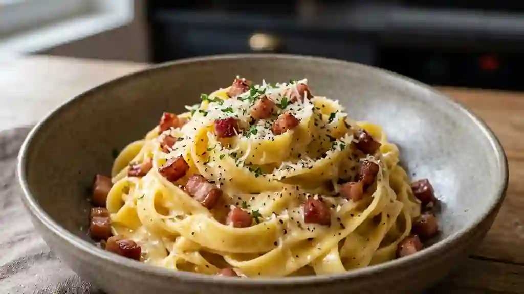Tagliatelles Carbonara Onctueuses au Parmesan - Photo de présentation