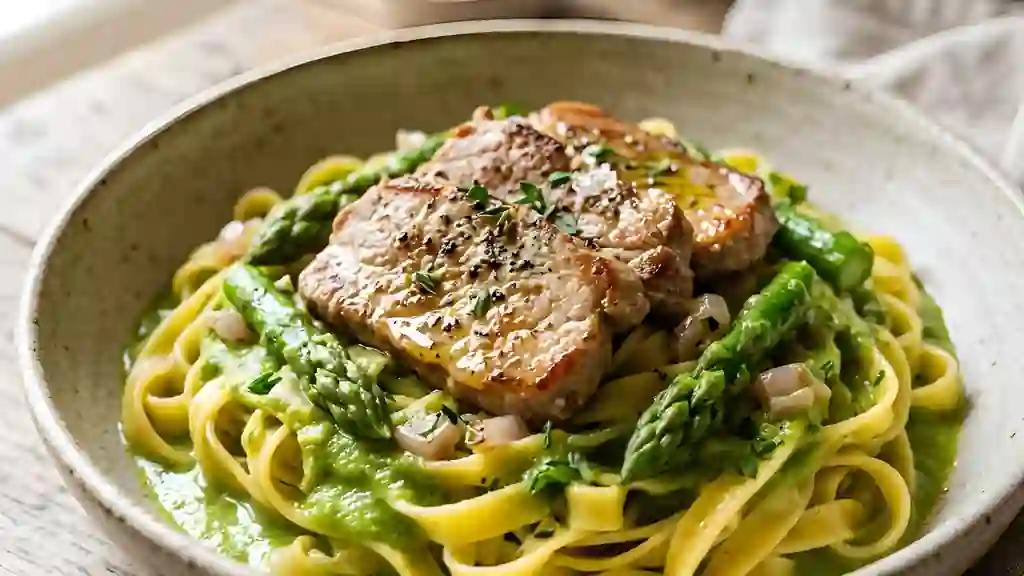Tagliatelles crème d'asperges et veau fondant - Photo de présentation