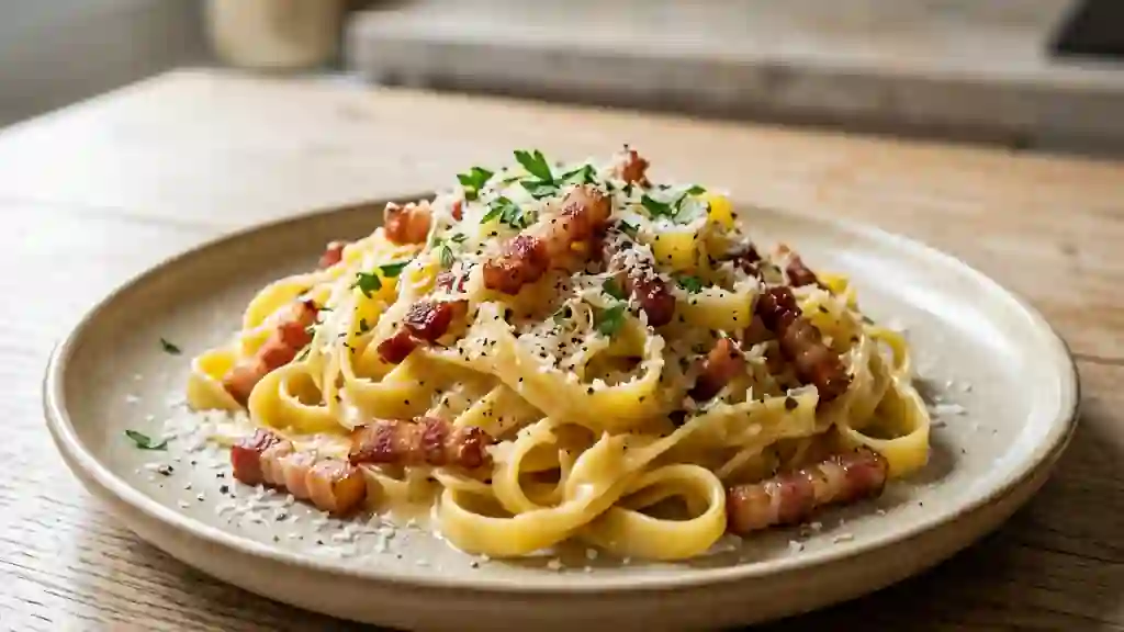 Tagliatelles carbonara crémeuses et fumées - Photo de présentation