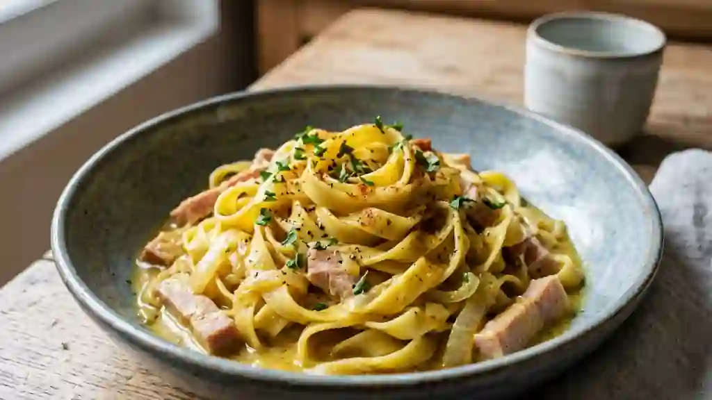 Tagliatelles onctueuses au curry et jambon - Photo de présentation