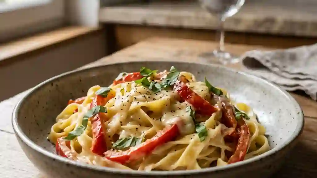 Tagliatelles au Saint-Marcellin fondant et poivron - Photo de présentation