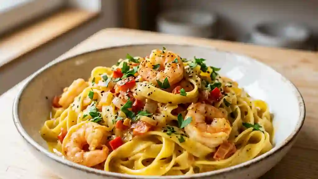 Tagliatelles Crémeuses Coco et Crevettes Curry - Photo de présentation