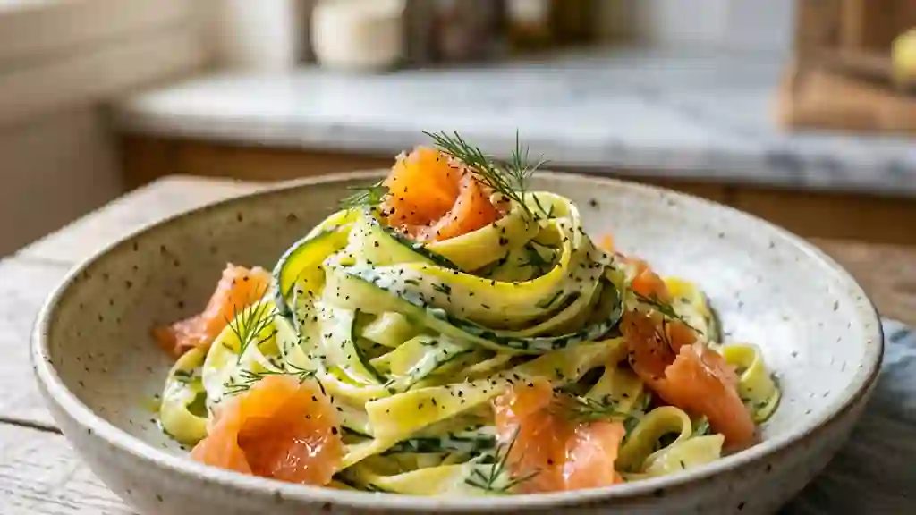 Rubans de courgettes au saumon et crème citronnée - Photo de présentation