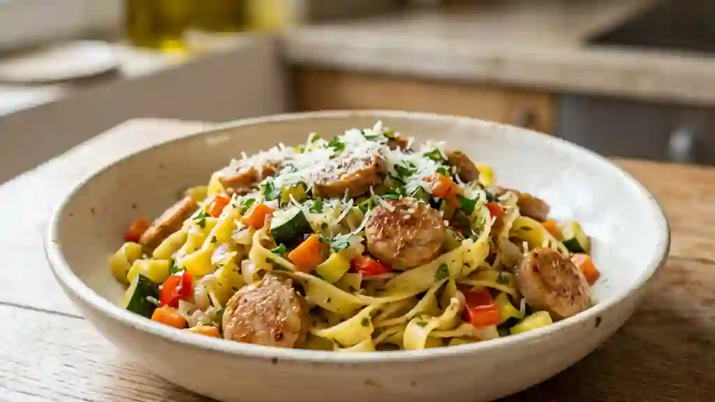 Tagliatelles fondantes aux saucisses et légumes - Photo de présentation