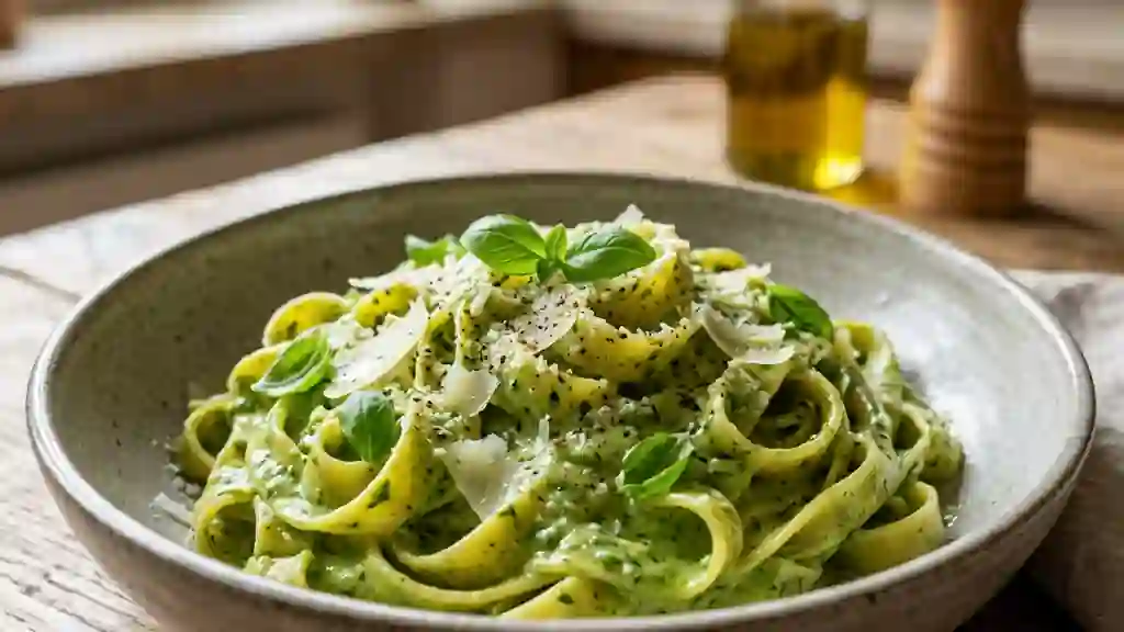 Tagliatelles crémeuses au basilic frais - Photo de présentation