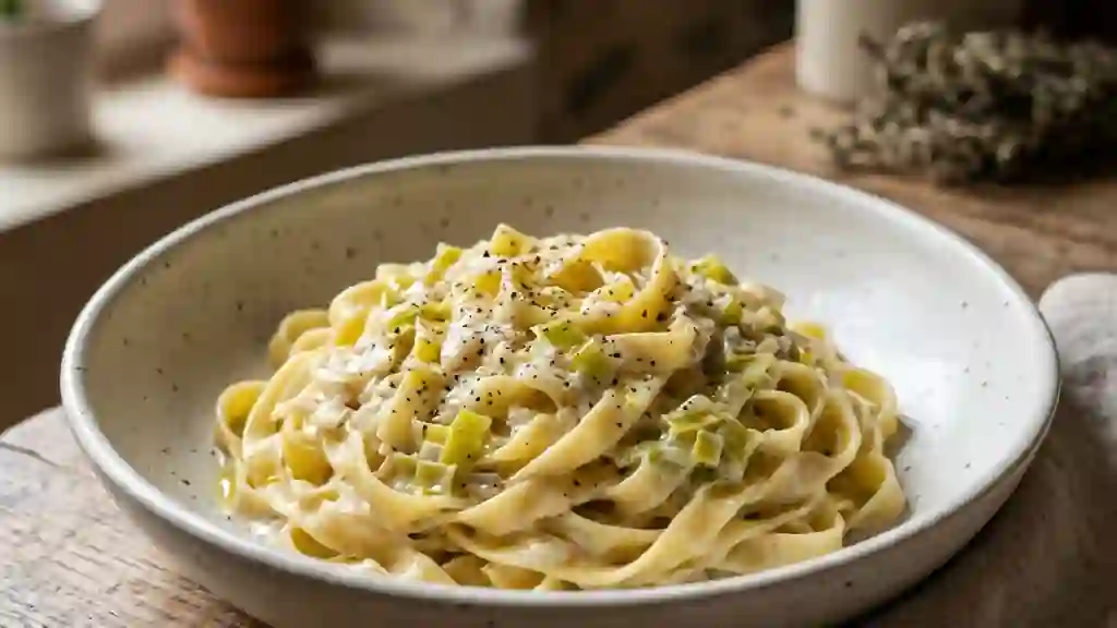 Tagliatelles soyeuses à la crème de poireaux - Photo de présentation