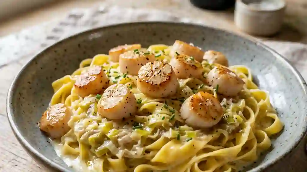 Tagliatelles crémeuses aux pétoncles et champagne - Photo de présentation