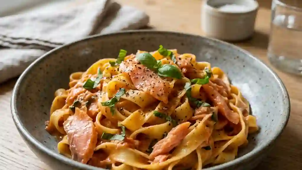 Tagliatelles soyeuses au saumon fumé et tomate - Photo de présentation