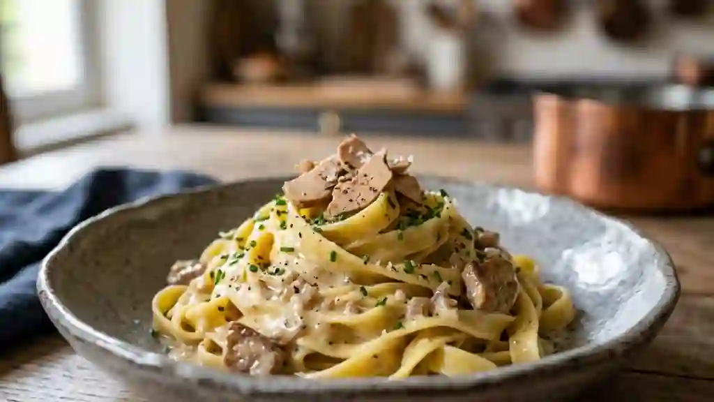 Tagliatelles crémeuses au foie gras fondu - Photo de présentation