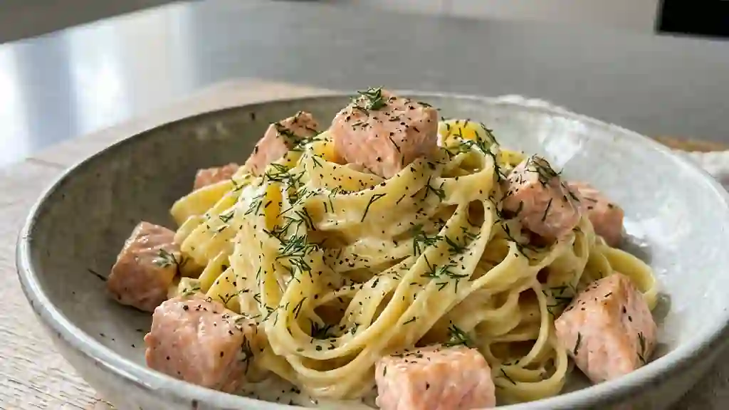 Tagliatelles crémeuses au saumon frais et aneth - Photo de présentation