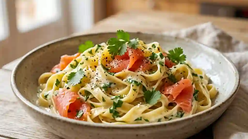 Tagliatelles fondantes au saumon et coriandre - Photo de présentation