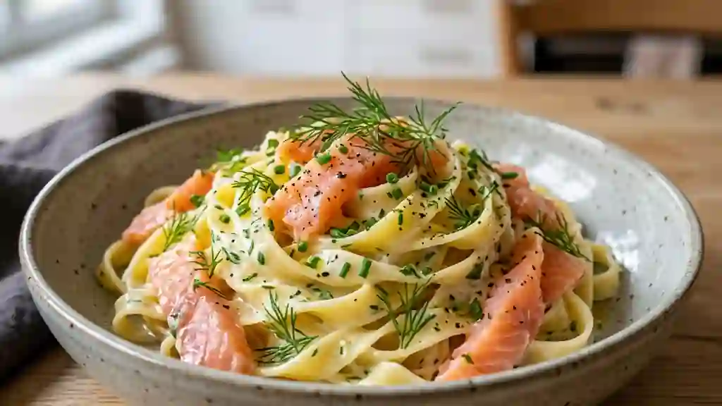 Tagliatelles crémeuses au saumon fumé et aneth - Photo de présentation