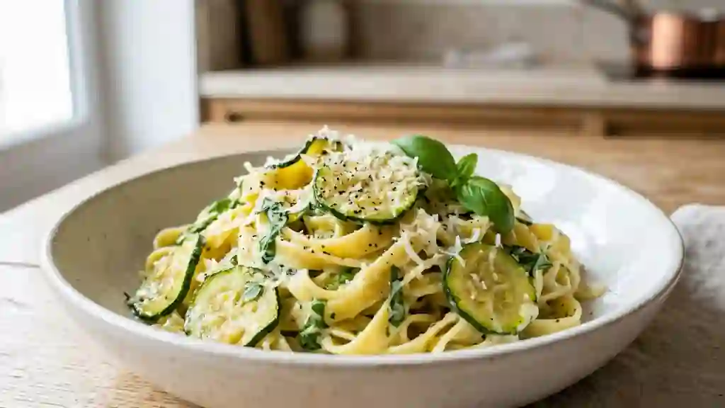 Tagliatelles crémeuses aux courgettes et basilic - Photo de présentation