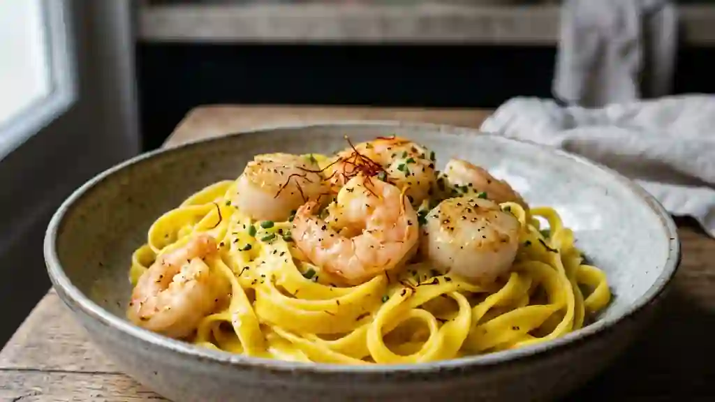 Tagliatelles crémeuses au safran et fruits de mer - Photo de présentation