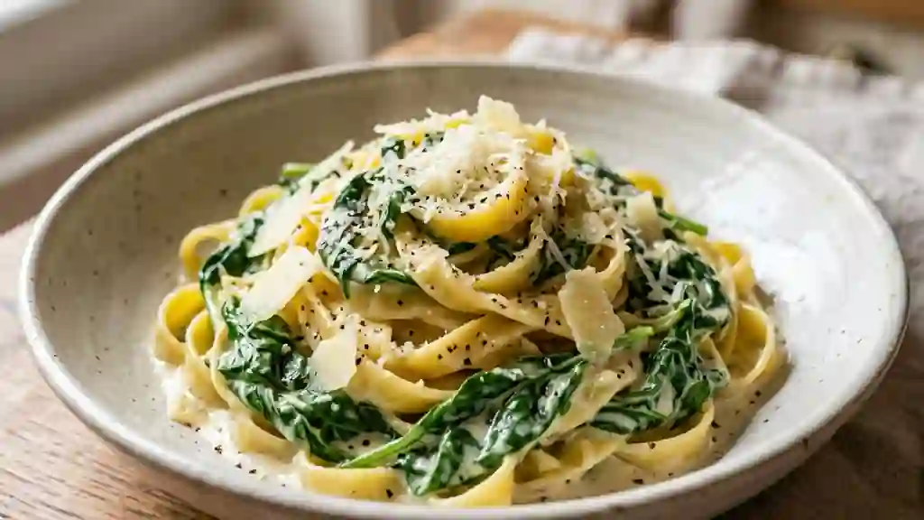 Tagliatelles crémeuses aux épinards et parmesan - Photo de présentation
