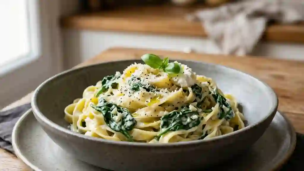 Tagliatelles fondantes aux épinards et chèvre frais - Photo de présentation