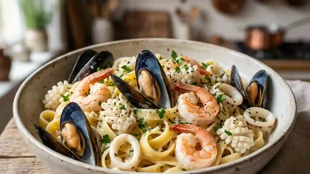 Tagliatelles marines à la crème et vin blanc - Photo de présentation