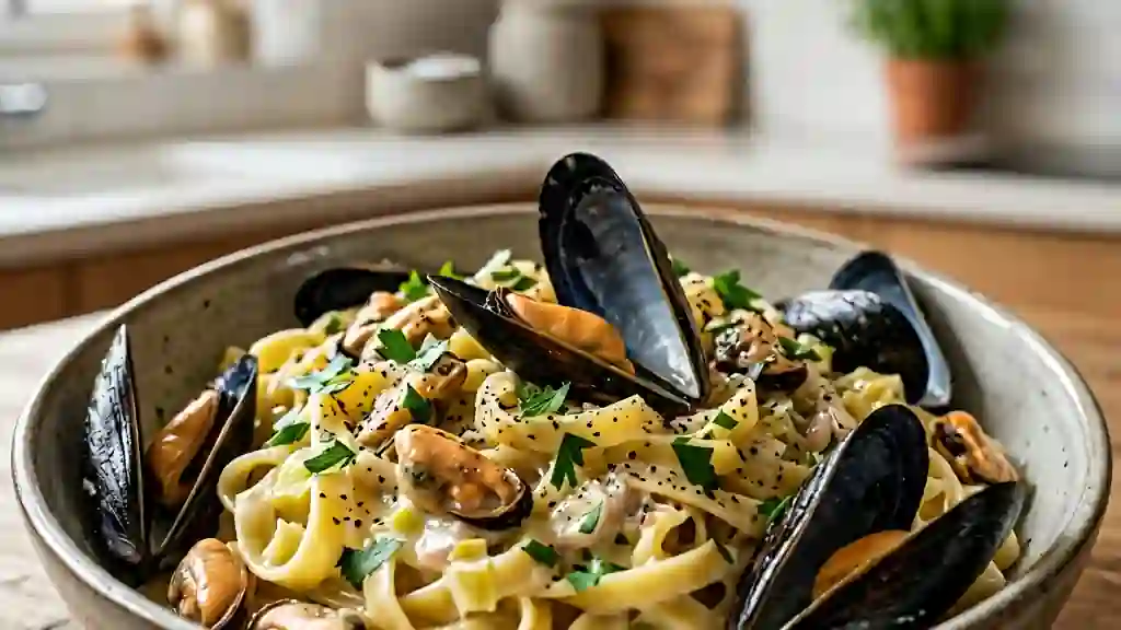 Tagliatelles onctueuses aux moules et poireaux - Photo de présentation
