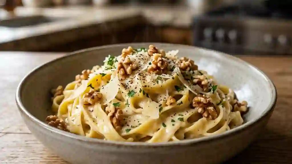 Tagliatelles crémeuses aux noix croquantes - Photo de présentation