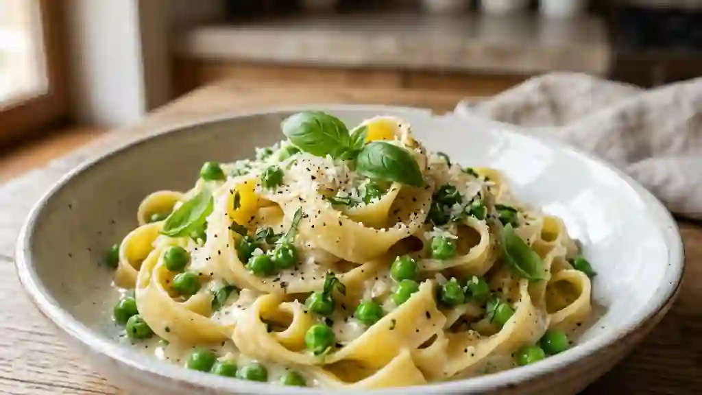Tagliatelles onctueuses aux petits pois frais - Photo de présentation