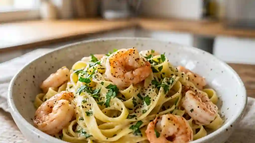 Tagliatelles onctueuses aux scampis et ail frais - Photo de présentation