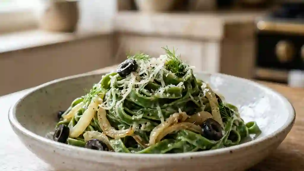Tagliatelles au fenouil confit et olives noires - Photo de présentation