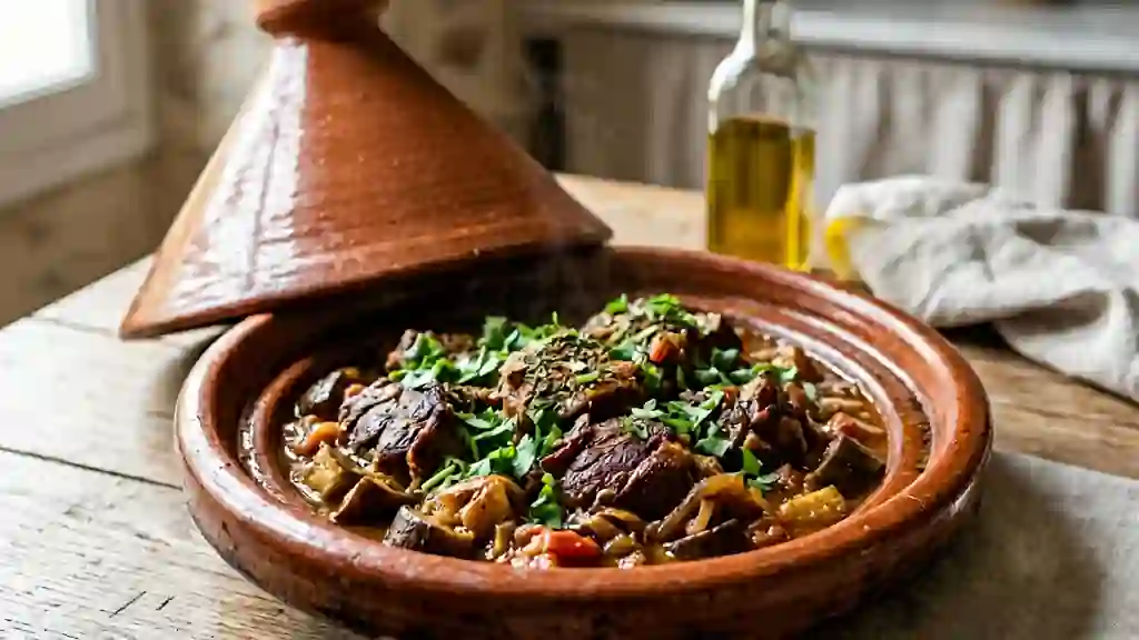 Tajine d'agneau fondant aux aubergines épicées - Photo de présentation