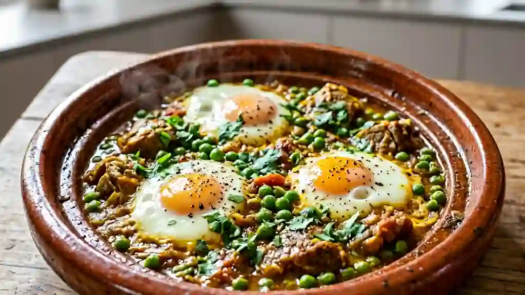 Tajine de mouton fondant aux petits pois et œufs - Photo de présentation