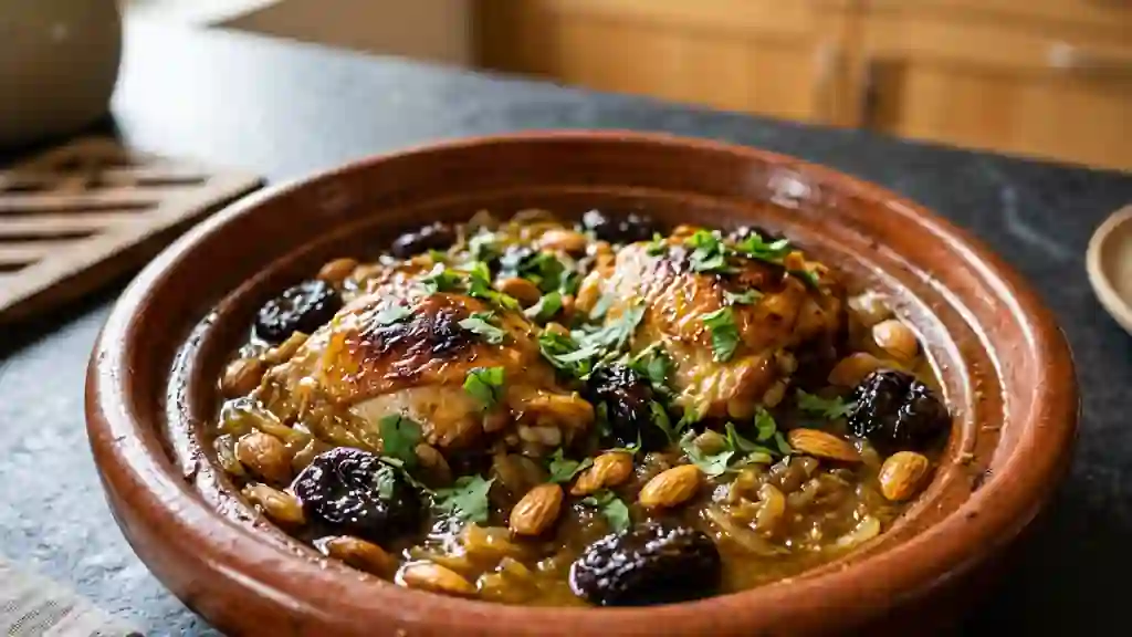 Tajine de poulet fondant aux pruneaux et amandes - Photo de présentation