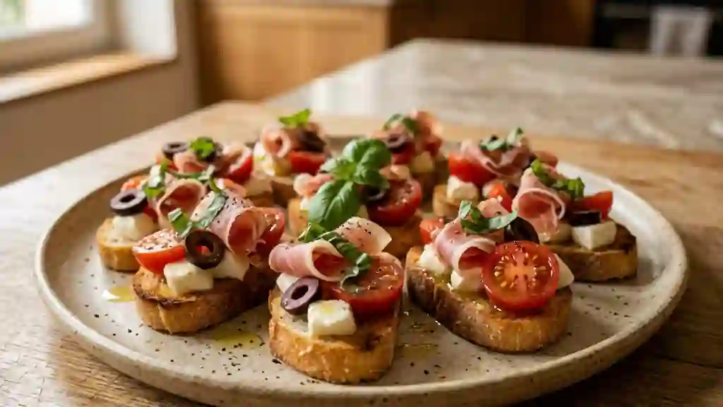 Crostini croquants au jambon cru et mozzarella - Photo de présentation